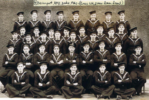 Group photo at HMS Drake, 1940, with Enos Eddie Fellows extreme left in 3rd row from the front.]