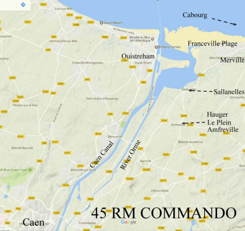 Google map of 45 RM Commando's area of operation in and around Ouistreham, Normandy.