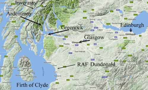 Google map of central Scotland showing key Combined Operations bases