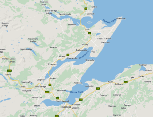 Google map of the Cromerty Firth in NE Scotland where HMS Empire Battleaxe.