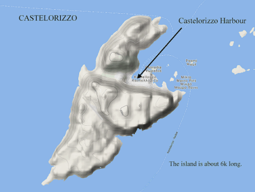 Google map of the Geek island of Castelorizzo where, in Feebruary 1941 an action against the Italians took place.