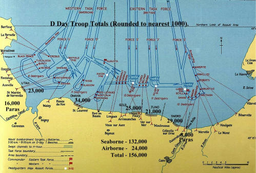 Map  of of Normandy beaches on D Day showing disposition of ships, ground and air troops.
