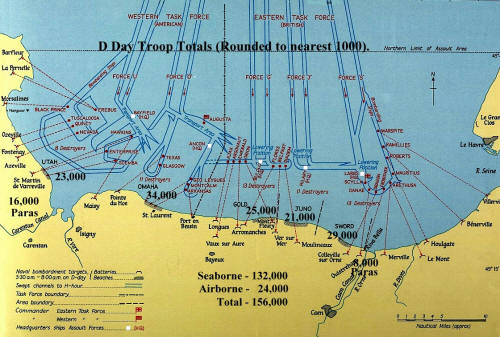 Map of the Normandy landing beaches showing the distribution of HQ Ships, army troops and paratroops on D Day.