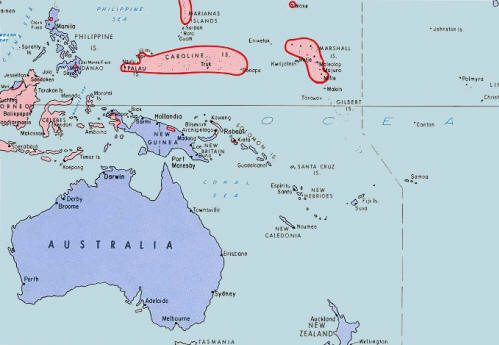 Map of Australia, New Guinea and surrounding area where HMS Empire Battleaxe served.