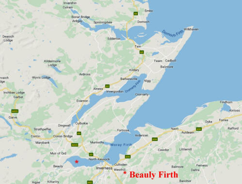 Google map showing the Beauly Firth where LCT 821 undertook training exercises.
