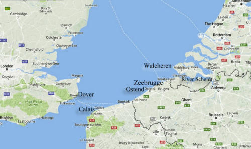 Google map of coastlines including Ostend and Walcheren.