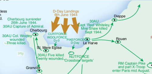 Map of Normandy showing activities of 30 Commando Assault Unit.