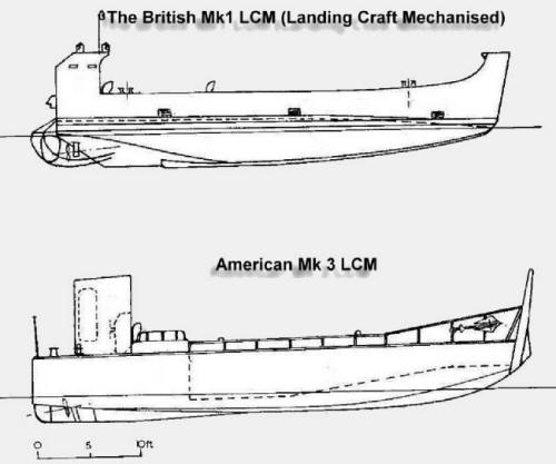 Sketch of Brtish Mark 1 Landing Craft Mechanised and American Mark 3 LCM.